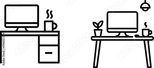 Simple line art icons of desk setups with computer and coffee with home office with remote work