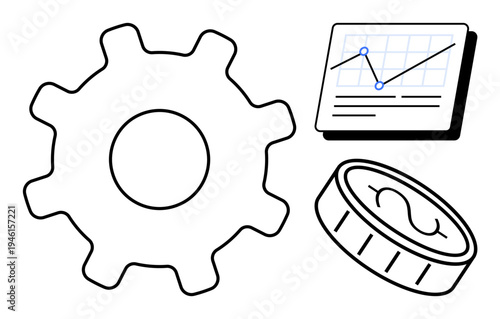 Gear for processes, chart showing data trends, and coin symbolizing monetary value. Ideal for business strategy, finance, analytics, technology, productivity operations planning. Simple flat