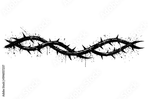 A black and white illustration of a twisted barbed wire with paint splatters on a white background, symbolizing danger and protection