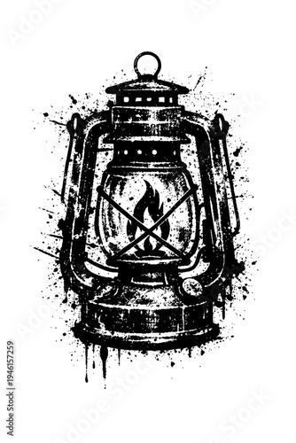 Vintage lantern with crossed wicks on white background with paint splashes