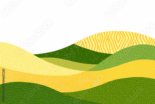 Abstract rolling hills landscape with varied textures and green yellow hues