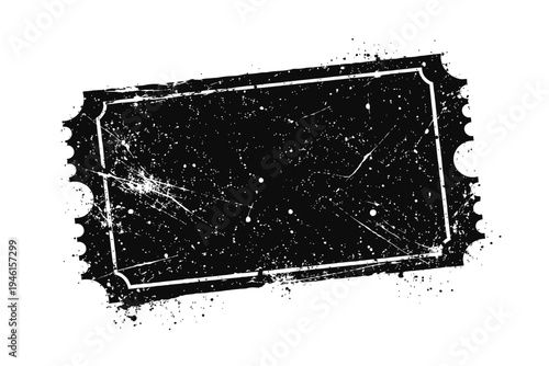 A distressed black ticket stub with white splatters and scratches on a clean white background for design and artistic use
