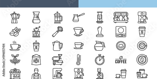 Coffee icon set with various brewing methods and equipment