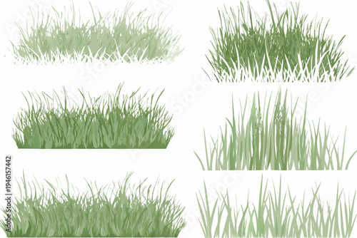 A collection of various green grass patches isolated on white