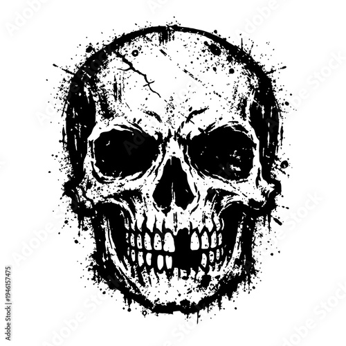 A black and white illustration of a human skull with a grinning mouth and paint splatters on a white background