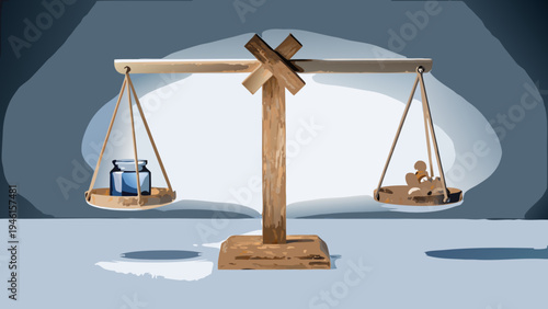 Scales of justice depict balance between a bottle and a human figure