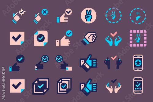 Collection of diverse hand gestures and interactive symbols in blue and pink