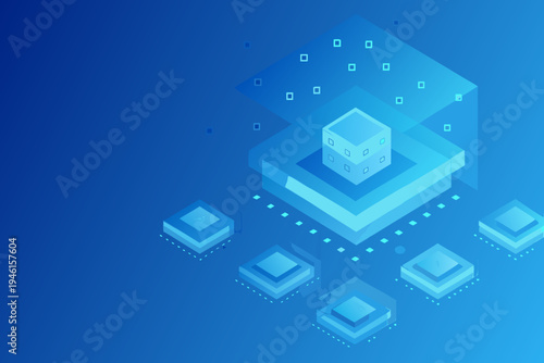 Isometric blue design featuring stacked cubes and digital network connections