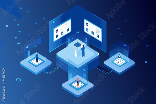 Isometric illustration depicting data analysis technology and digital transformation concepts