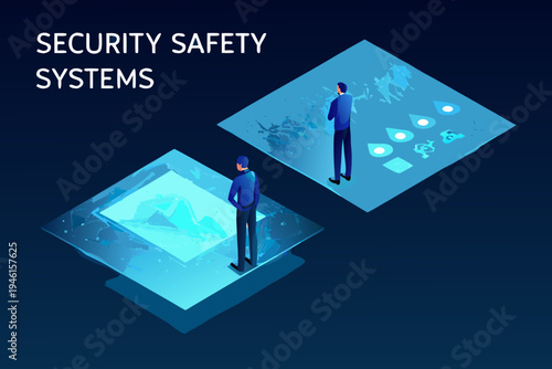 Isometric illustration depicting digital security systems and data protection concepts