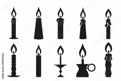 A collection of black silhouette candle illustrations on a white background