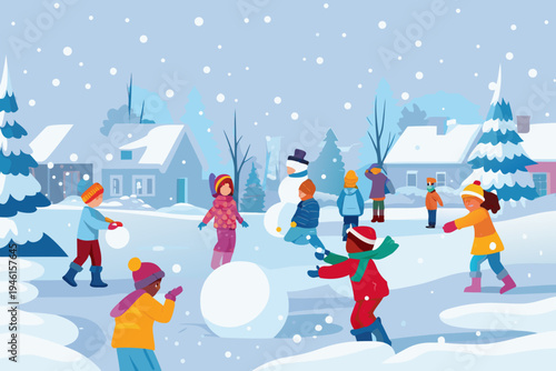 Children joyfully building a snowman and playing in a snowy winter landscape