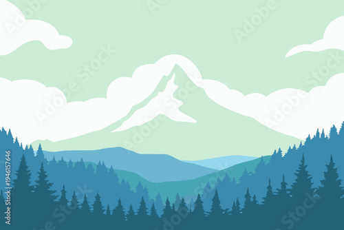 Stylized mountain landscape with forest and cloudy sky illustration