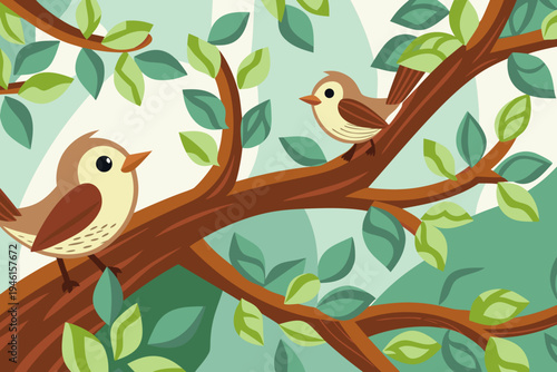 Two cartoon birds perch on a branch amidst lush green foliage