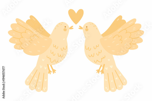 Two pastel yellow doves facing each other with a heart above