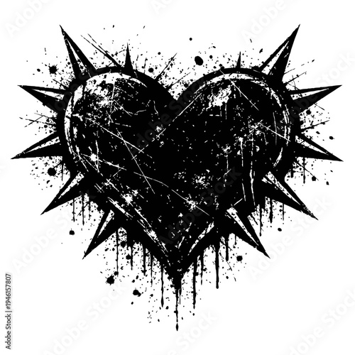 Black heart with spikes and grunge effect on white background, symbolizing dark love and rebellion