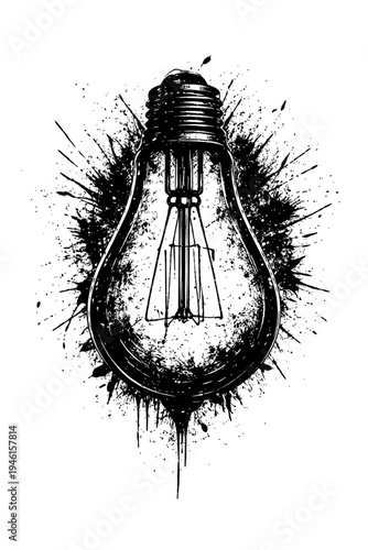 Black and white light bulb with paint splatter effect isolated on white background for creative concept