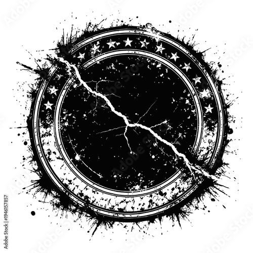 Black and white grunge cracked circle with stars design element for creative projects and backgrounds