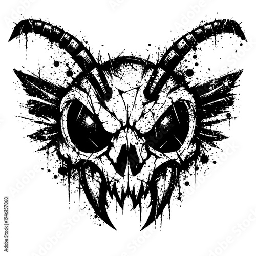 Grunge illustration of a demonic skull with horns and spikes on white background for t-shirt design or tattoo