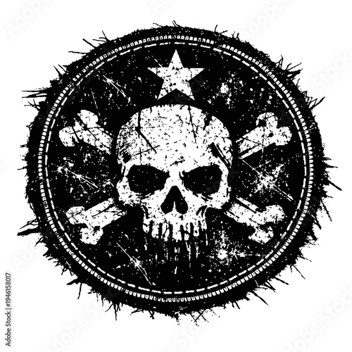 Grunge skull with crossbones and star on black background