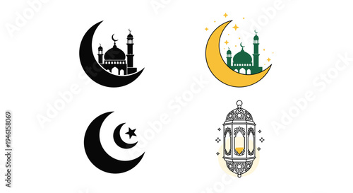 Icon Set Ramadhan Kareem, Eid Mubarak, Eid Al Fitr Flat Minimalist Design Illustration