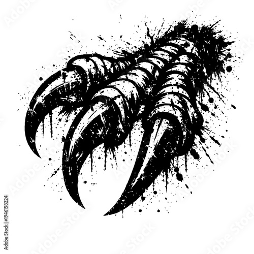 A black and white illustration of sharp animal claws with paint splatters on a white background, symbolizing power and aggression in a grunge style