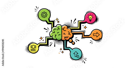 Comic style brain infographic, creative human mind concept with colorful thought bubbles, mental process and logic vector illustration