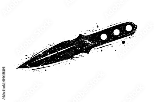 A black switchblade knife with a white background and grunge effect, symbolizing danger and edginess in a gritty urban setting always.