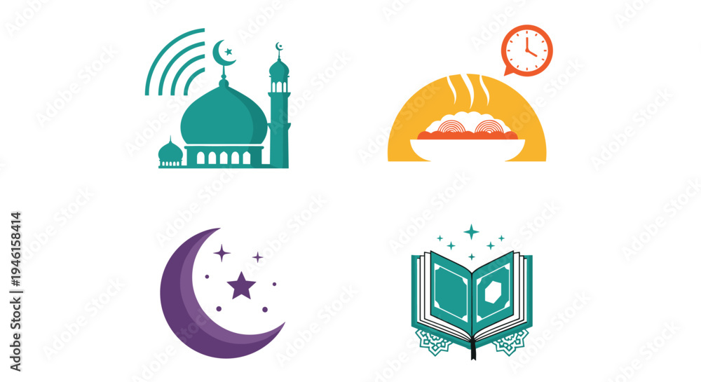 Fototapeta premium Icon Set Ramadhan Kareem, Eid Mubarak, Eid Al Fitr Flat Minimalist Design Illustration
