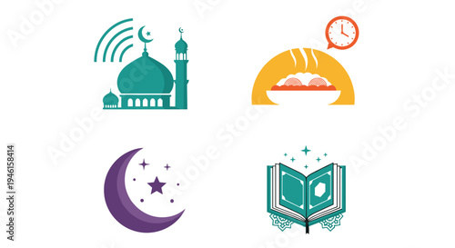 Icon Set Ramadhan Kareem, Eid Mubarak, Eid Al Fitr Flat Minimalist Design Illustration