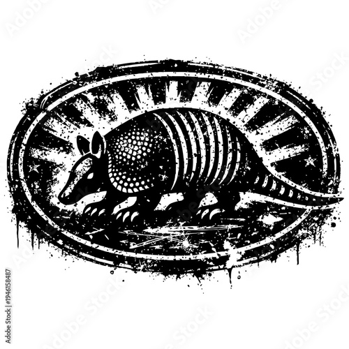 Black and white illustration of an armadillo in a grungy oval frame with sunburst background