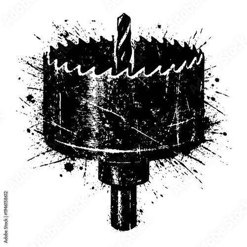 Black and white illustration of a hole saw drill bit with paint splatters on a white background for DIY and construction projects online