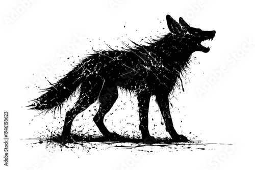 A black wolf with an open mouth standing on a white background with paint splatters around it looking fierce and wild
