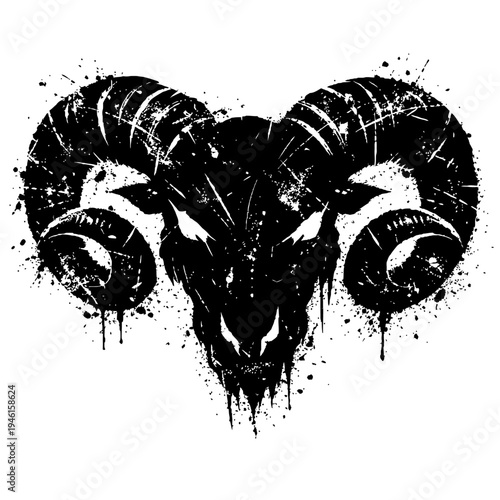 Black grunge ram skull with horns on white background, abstract animal illustration with ink splatters