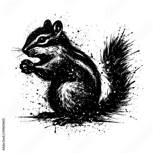 A black and white illustration of a squirrel sitting on its haunches with a bushy tail and paint splatters around it on white background