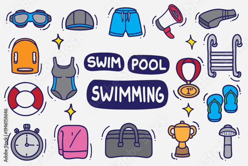 set of swimming doodle with color good for background, wallpaper, element design, sticker, etc