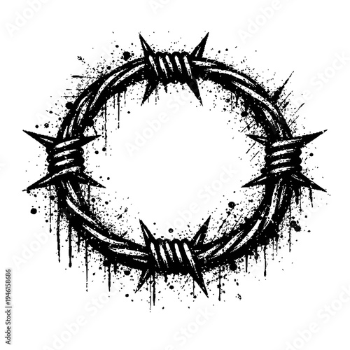 A black and white illustration of a circle made from barbed wire with a grunge effect and paint splatters around it on a white background