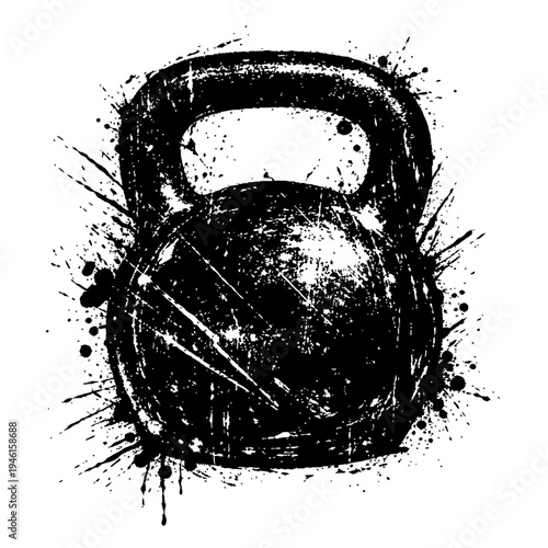 Black kettlebell with grunge effect on white background for fitness and workout concepts