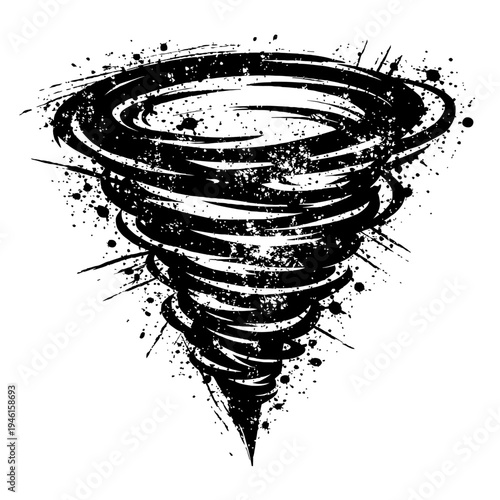 Black and white illustration of a stylized tornado with grunge effect, swirling stormy weather symbol