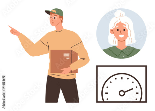 Delivery, customer service, logistics, time management, efficiency, communication. A man holds a box while pointing, alongside a smiling woman and a speedometer. Delivery and customer service concept