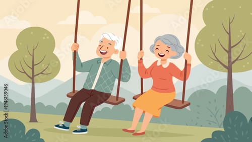 An elderly couple enjoys a joyful moment together on swings in a serene outdoor setting.