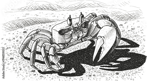 Ghost crab (Ocypode ryderi) close-up. Monochrome vector illustration. Transparent background EPS version.