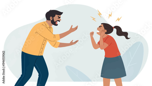 A cartoon illustration of a man and woman in a heated argument with anger and frustration