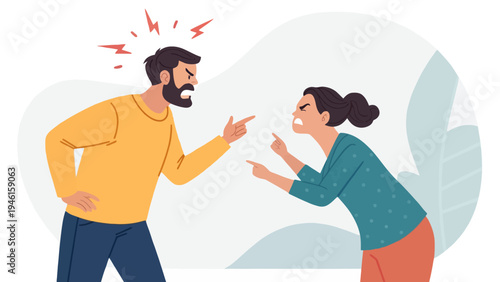 A cartoon illustration of a man and woman arguing and pointing at each other with anger and frustration