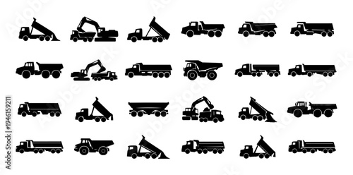 Dump Truck Silhouette Set – Heavy Construction Tipper Trucks and Earth Moving Vehicles Collection
