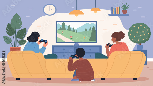 A family of three enjoys a fun gaming experience together in their living room