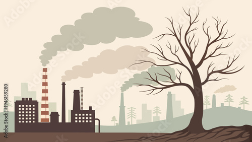 An illustration of a barren tree standing in front of a polluting factory with smokestacks emitting smoke and a cityscape in the background.