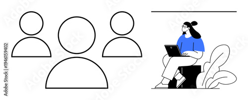 Teamwork concept. Teamwork by group symbols alongside a woman working on a laptop remotely. Teamwork enhancing collaboration, productivity, and efficiency. For business, technology, communication