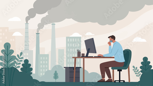 A man sits at his desk in front of a polluted cityscape, looking concerned
