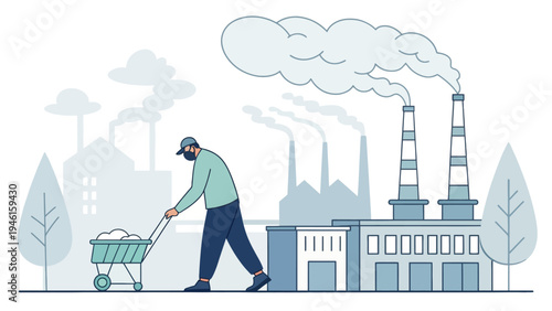 A man pushes a wheelbarrow in front of a factory with smokestacks emitting smoke